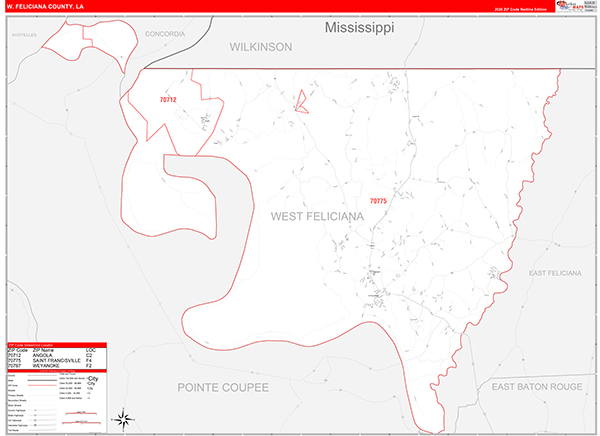 West Feliciana Parish (County), LA Wall Map Red Line Style